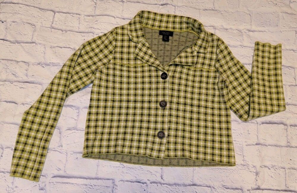Rachel Roy Crop Blazer Womens L Green Black Plaid Y2K Knit Sweater